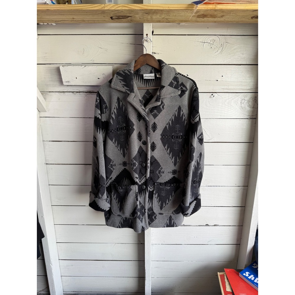 Private Edition by Chicos Southwestern Fleece Jacket Grey Black Geometric S/M